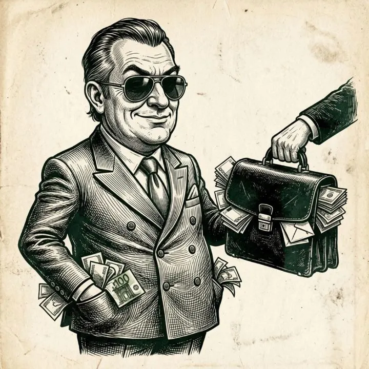 Grabado de un alcalde con gafas de sol y los bolsillos llenos de billetes, recibiendo un maletín repleto de dinero